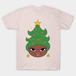 Retro Christmas Tree Cute Beehive - Black Girl Hair T-Shirt